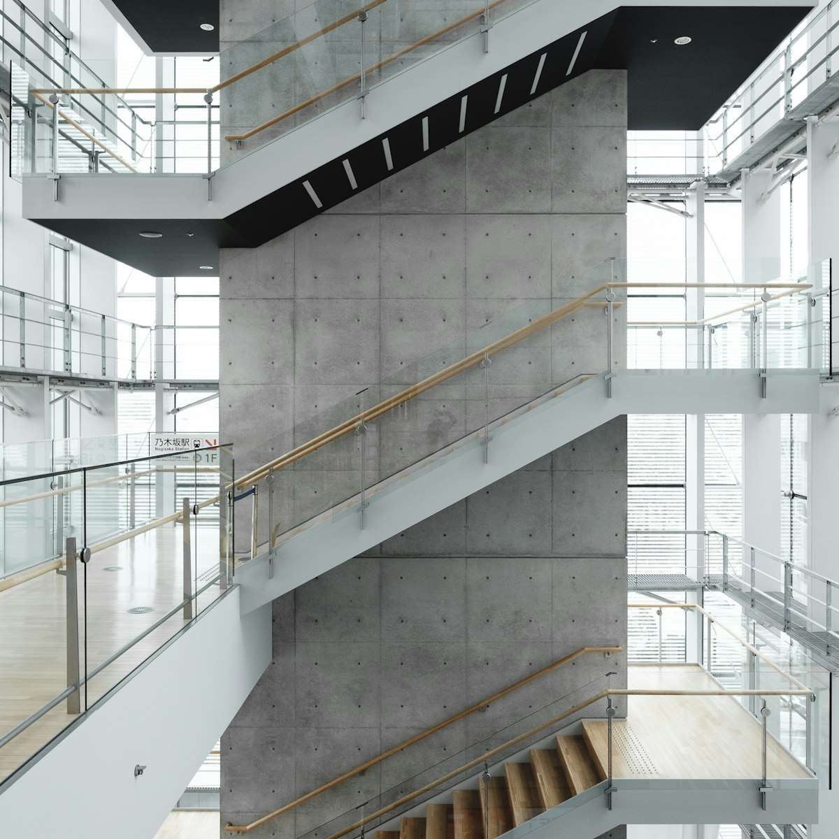 Glass atrium with stacked floor levels
